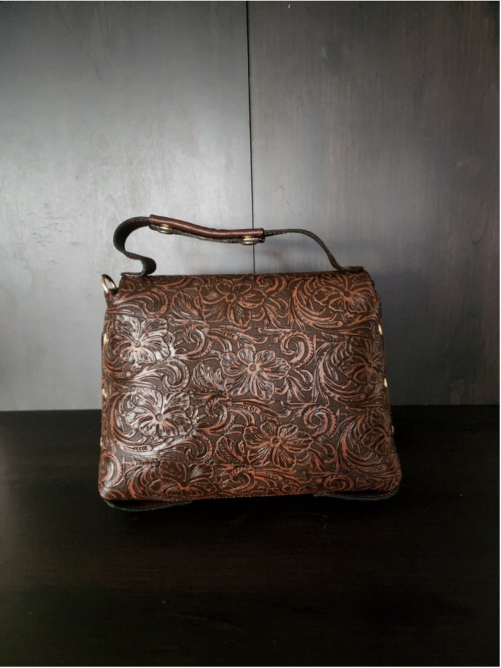 Pecan Brown Floral Studded Embossed Artisan LEATHER Purse Handbag Crossbody - Picture 6 of 15